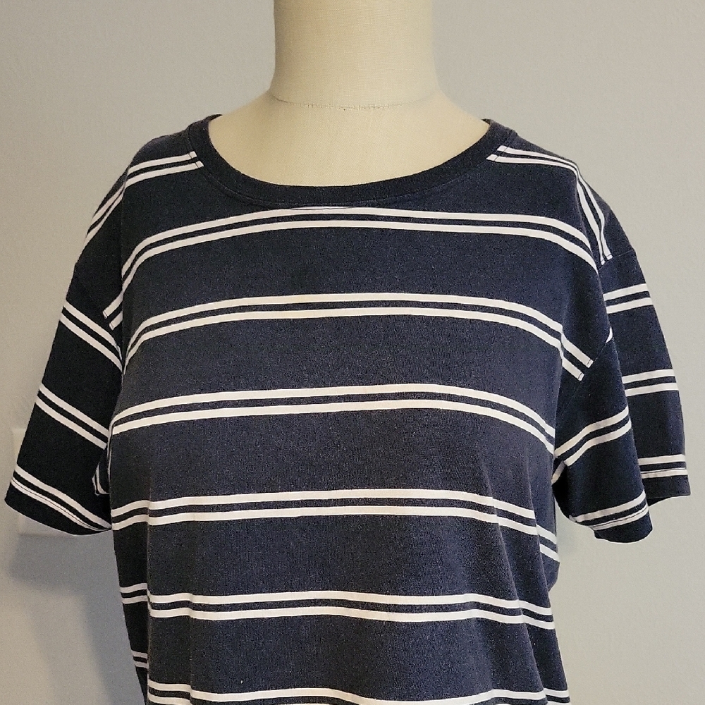 L.L. Bean Blue and White Crop T-Shirt. Navy And White Strips, Size M